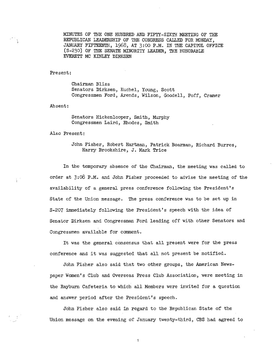 The meeting minutes outline the Republican leadership's preparations for a response to the president's State of the Union Address.