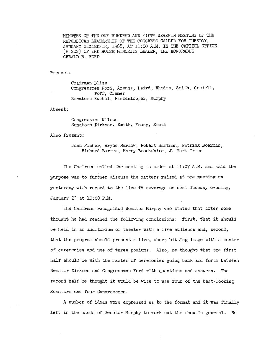 The meeting minutes outline the Republican leadership's preparations for a response to the president's State of the Union Address.