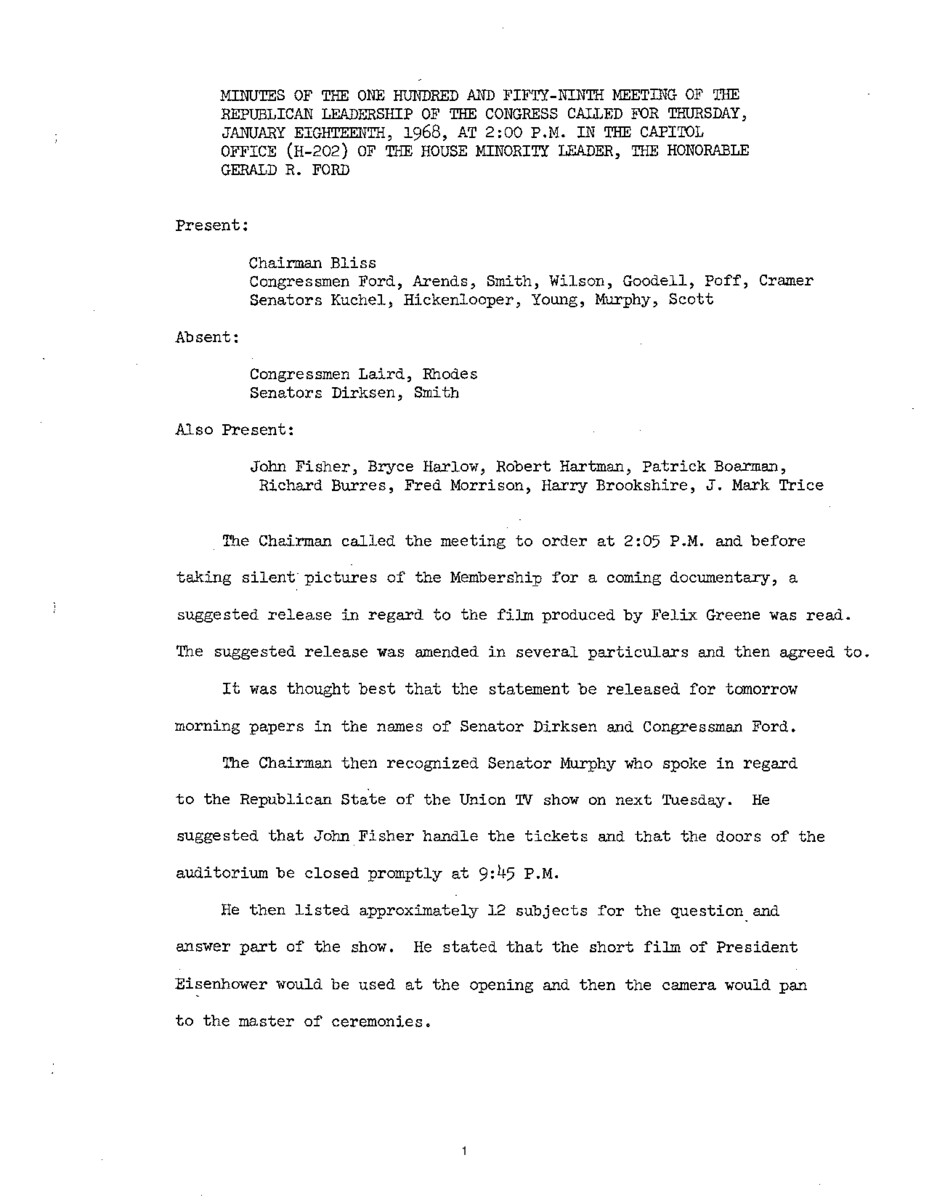 The meeting minutes outline discussions by the Republican leadership about a forthcoming documentary on Vietnam.
