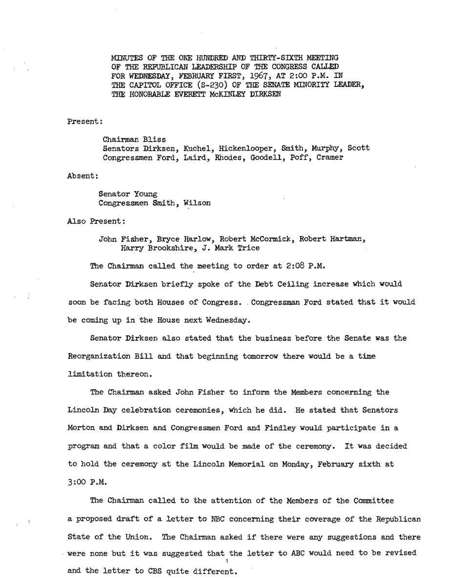 The meeting minutes outline the Republican leadership's discussions about the budget, the debt ceiling, the Republican State of the Union Address, and Lincoln Day celebrations.