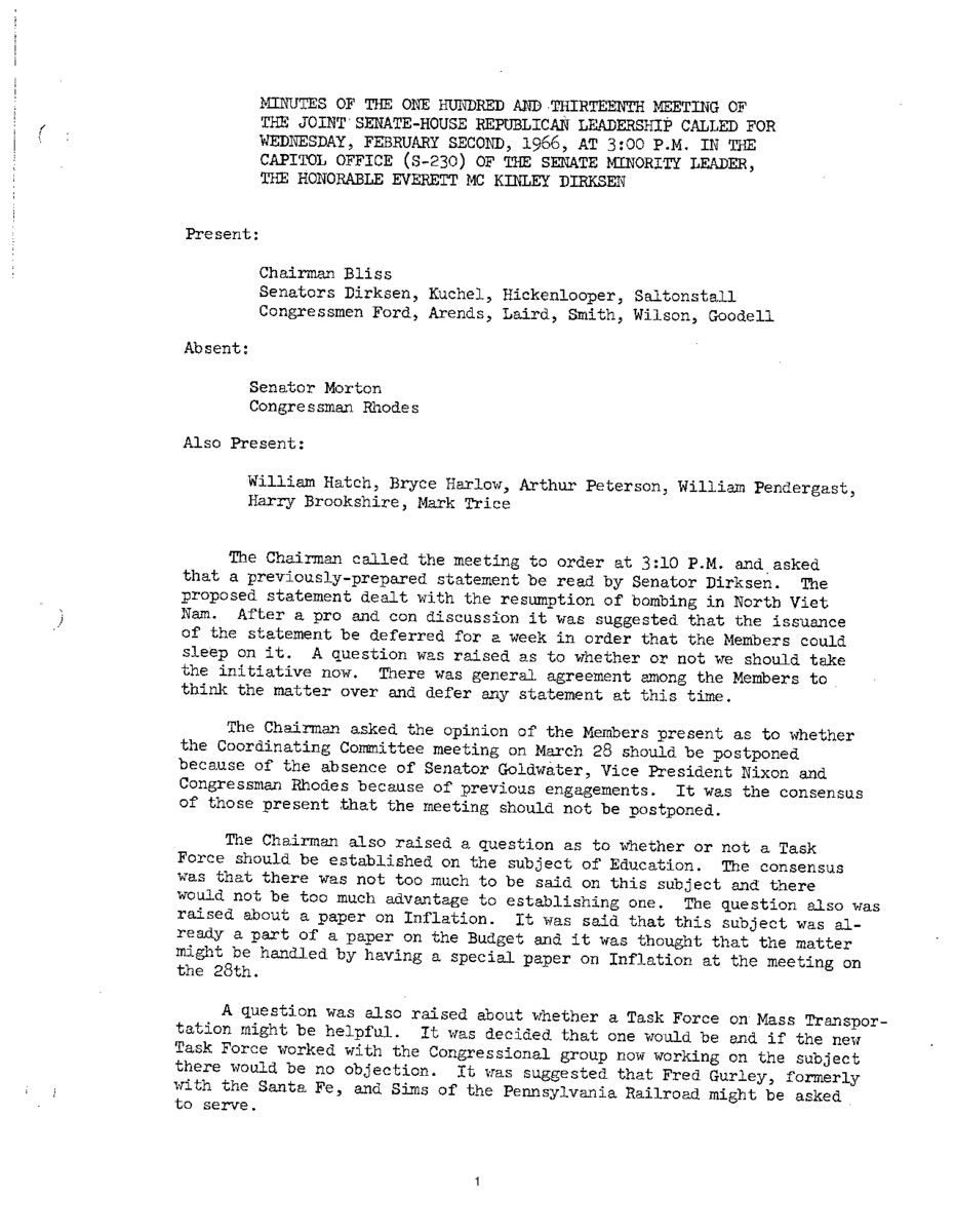 The meeting minutes outline the Republican leadership's discussions about Vietnam, education legislation, and the Republican Coordinating Committee.