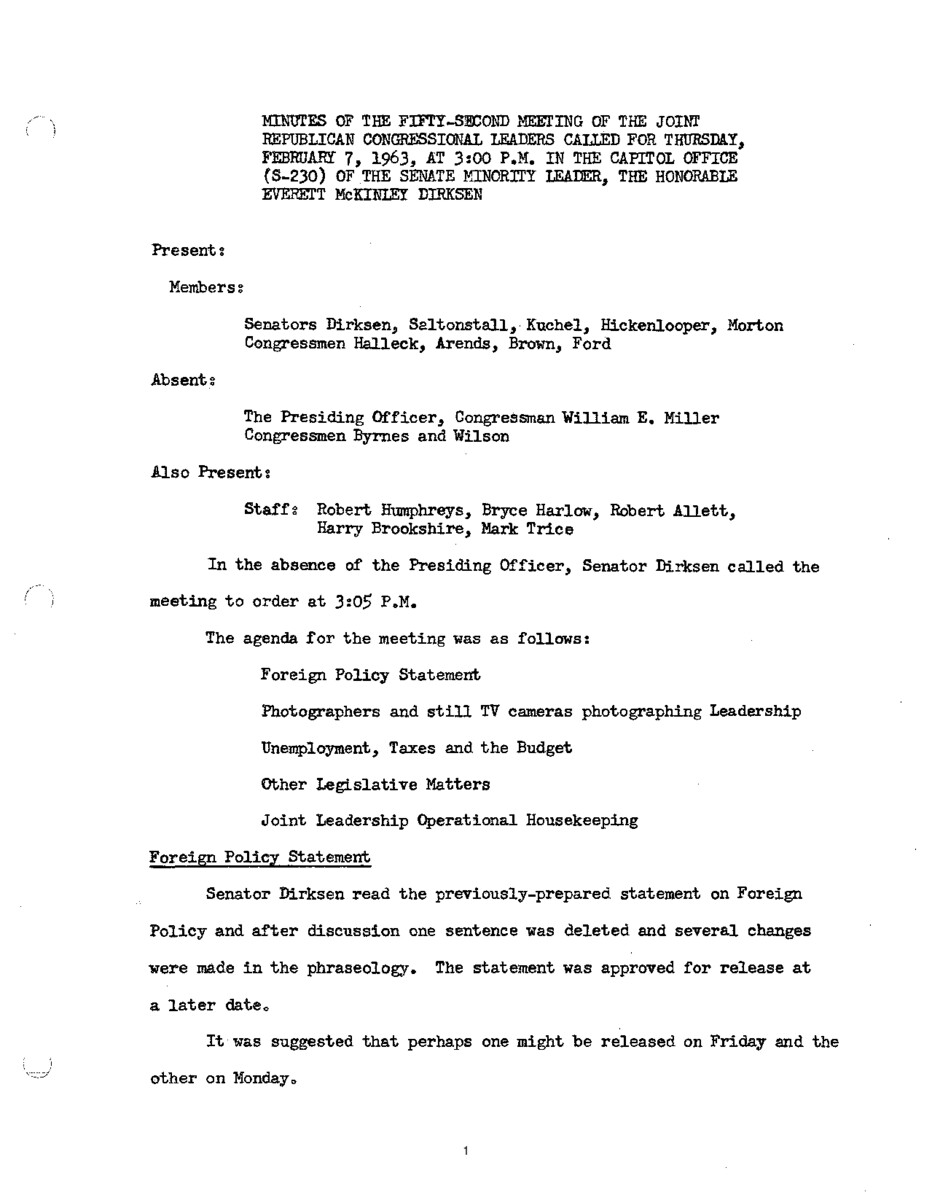 The meeting minutes detail Republican leadership's discussions about foreign policy and campaign funds.