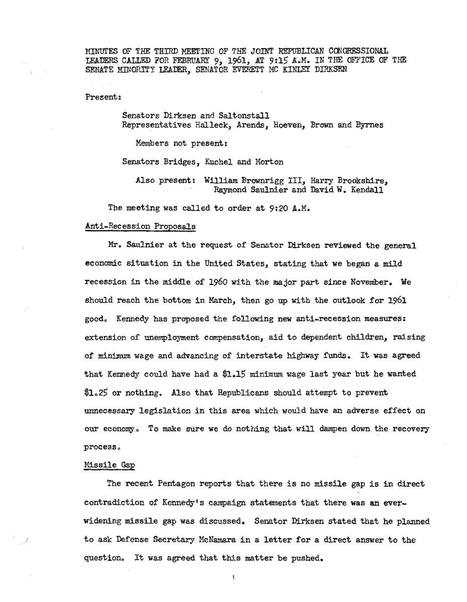 The meeting minutes outline the Republican leadership's discussions about a mild recession in 1960, the missile gap, and gold depletion.