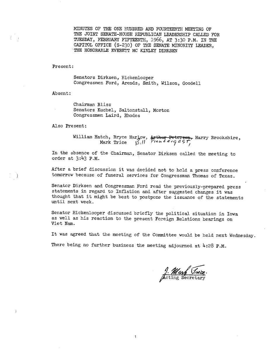 The meeting minutes outline the Republican leadership's discussions about Vietnam and inflation.