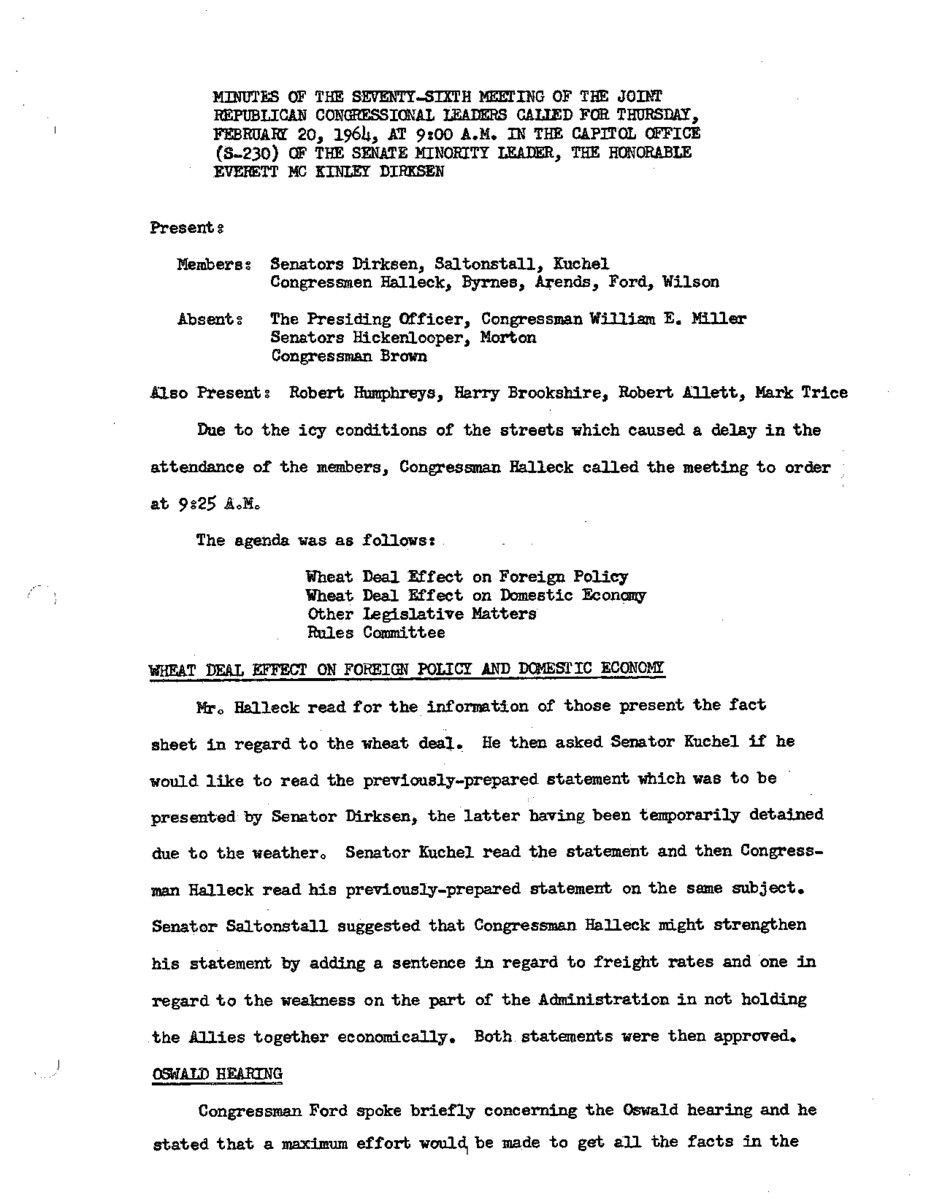 The meeting minutes detail the Republican leadership's discussions about statements regarding the Wheat Bill to be presented at the press conference.