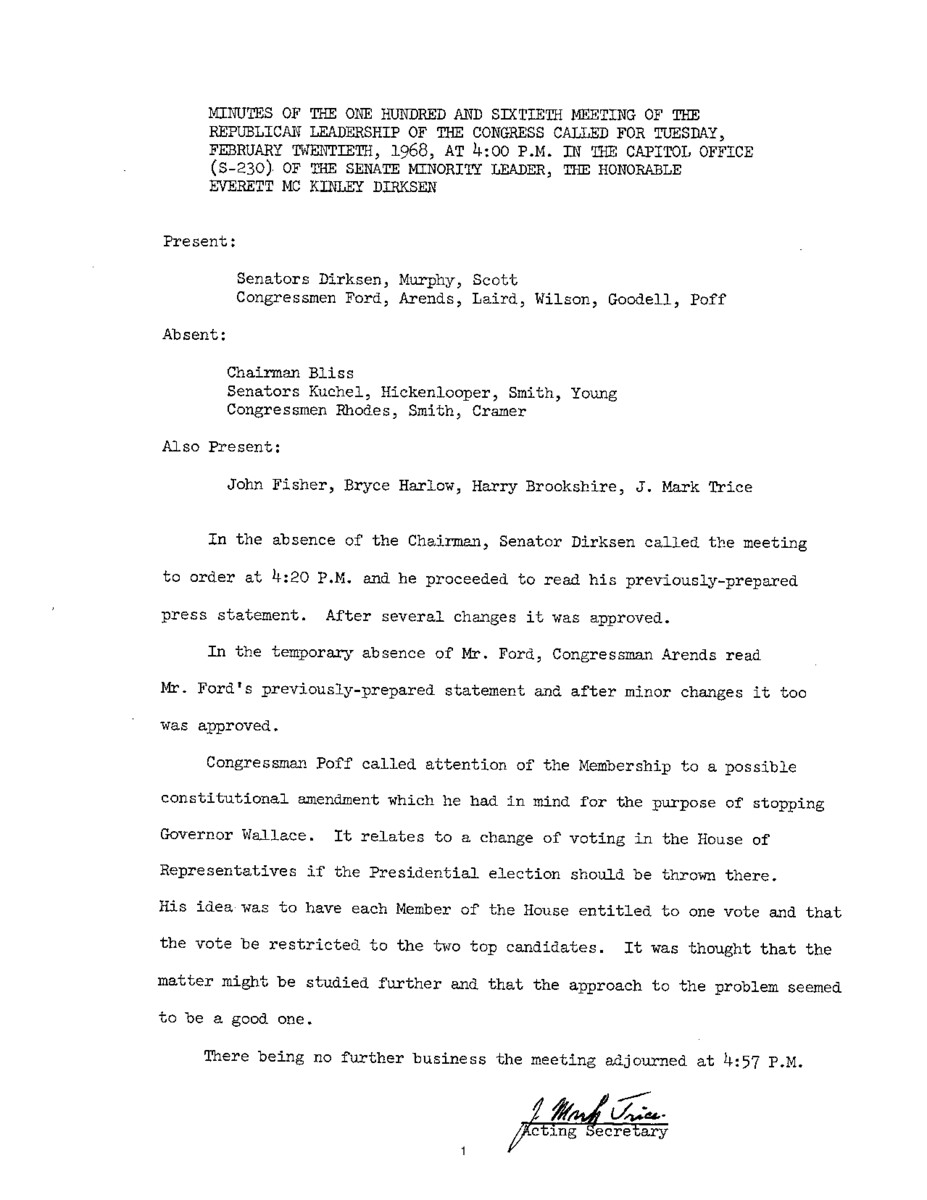 The meeting minutes outline the Republican leadership's discussions about the presidential election and Governor George Wallace.