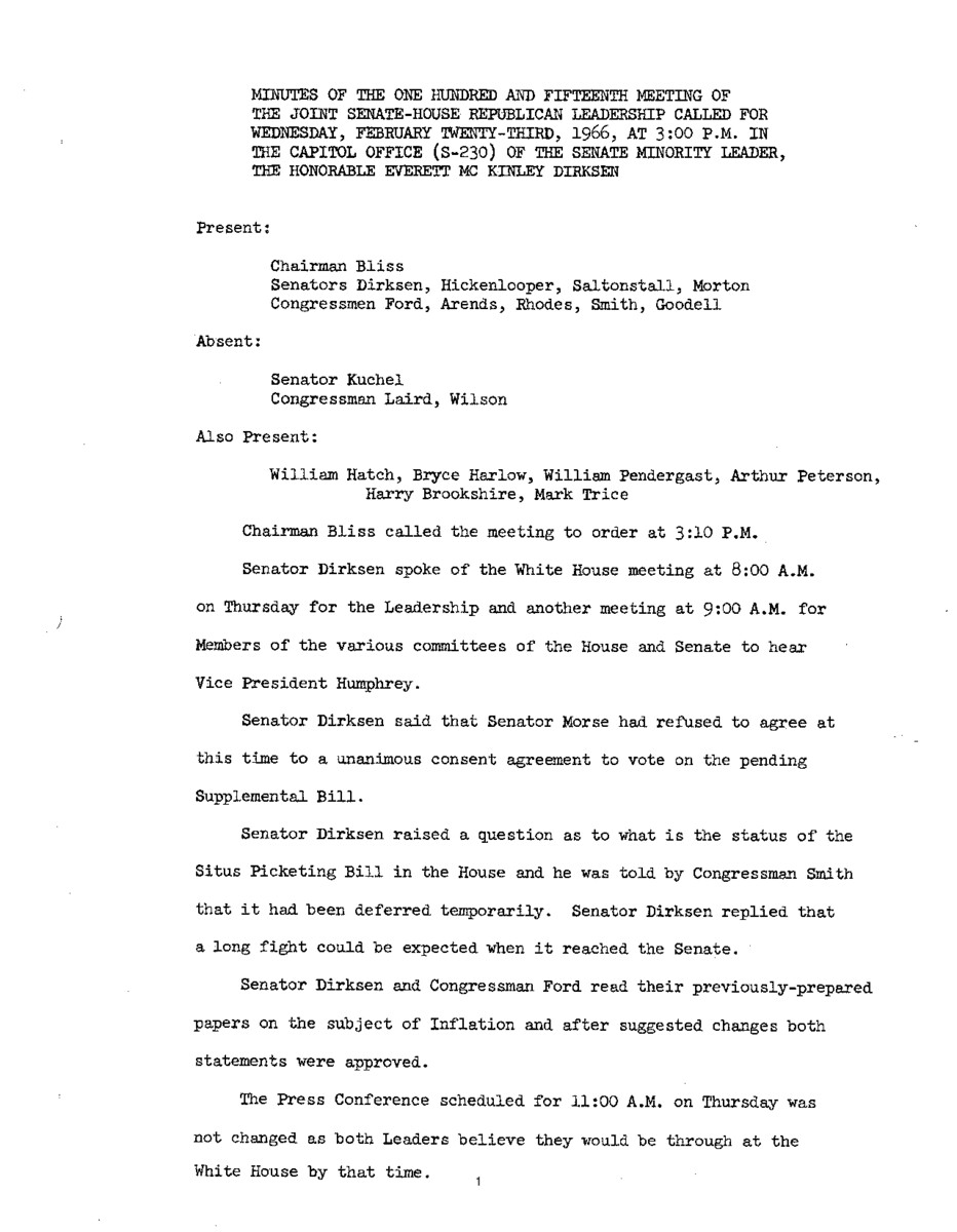 The meeting minutes outline the Republican leadership's discussions about the Situs Picketing Bill, inflation, and the use of Democratic National Committee funds.