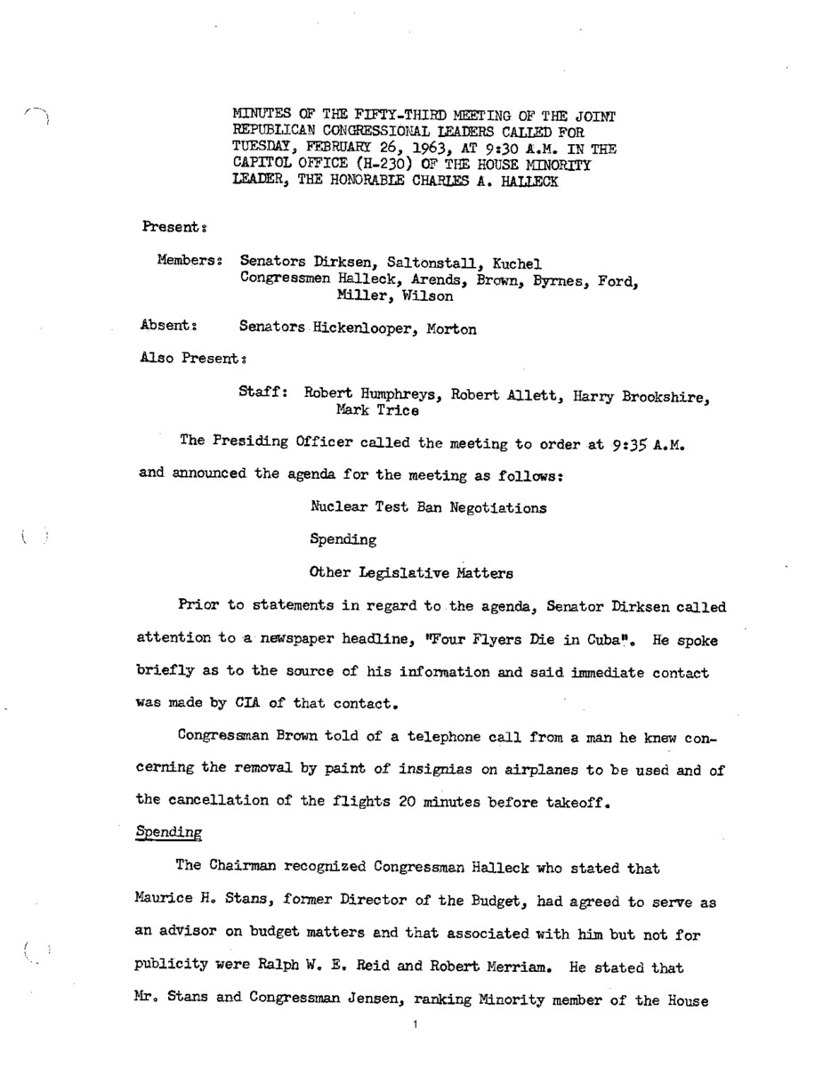 The meeting minutes outline the Republican leadership's discussions about Cuba, federal spending, and nuclear testing bans.
