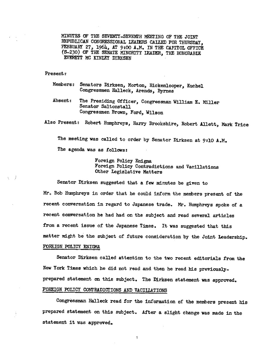 The meeting minutes outline discussions by the Republican leadership regarding foreign policy, specifically in relation to Japan and Vietnam, as well as civil rights.