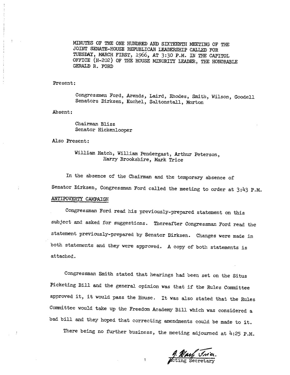The meeting minutes outline the Republican leadership's discussions about the Anti-Poverty Bill and the Situs Picketing Bill.