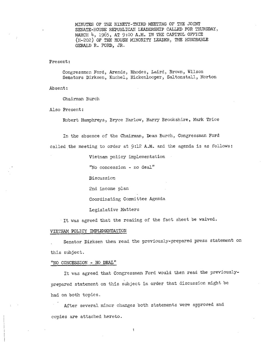 The meeting minutes outline the Repbulican leadership's discusssions about Vietnam and foreign policy.