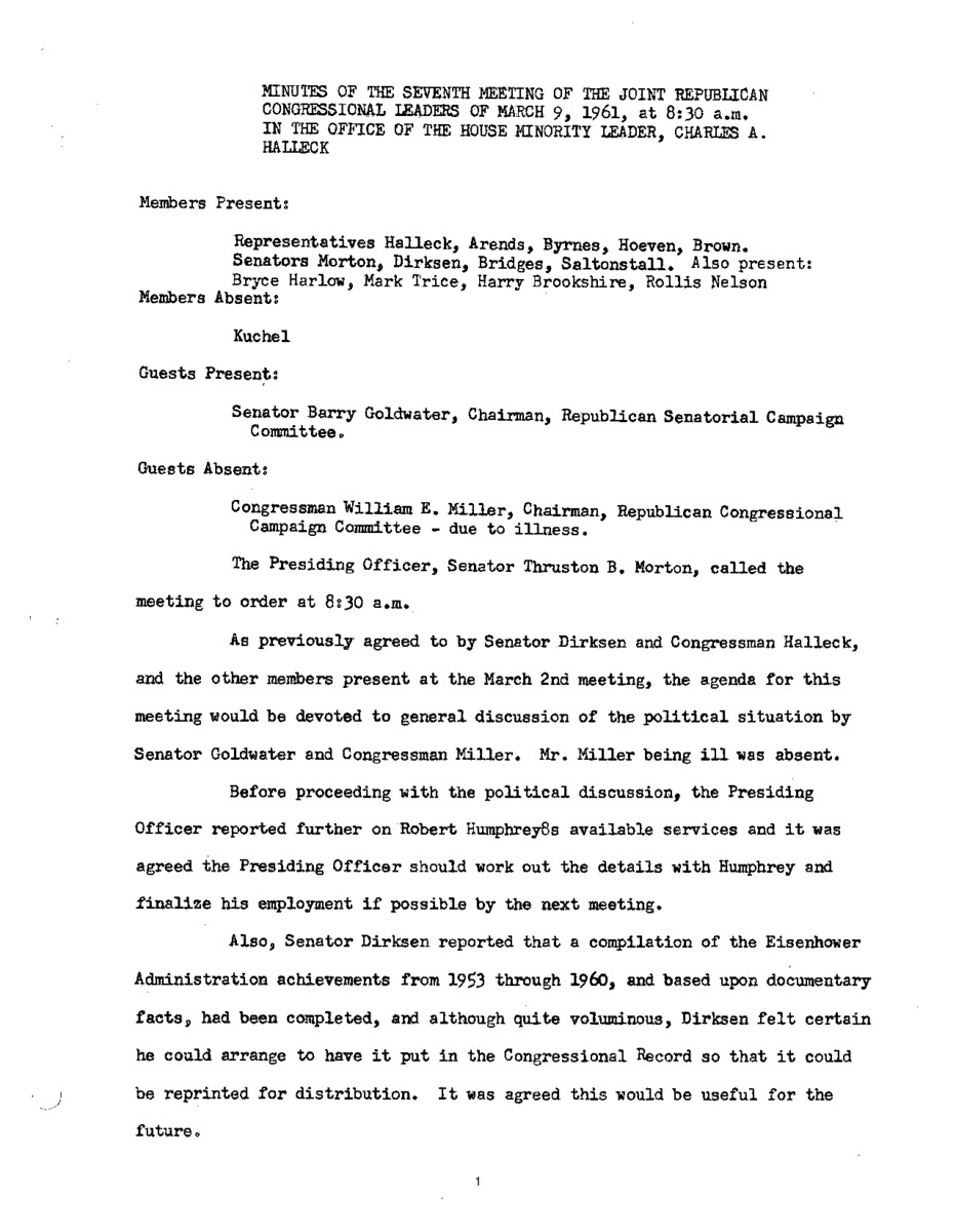 The meeting minutes outline the Republican leadership's discussios with guest Senator Barry Goldwater regarding the political climate.