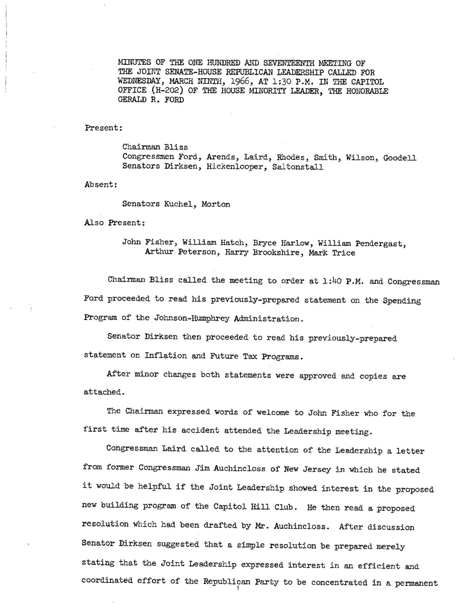 The meeting minutes outline the Republican leadership's discussion of government spending, inflation, and taxation as well as the proposed construction of the Capitol Hill Club.