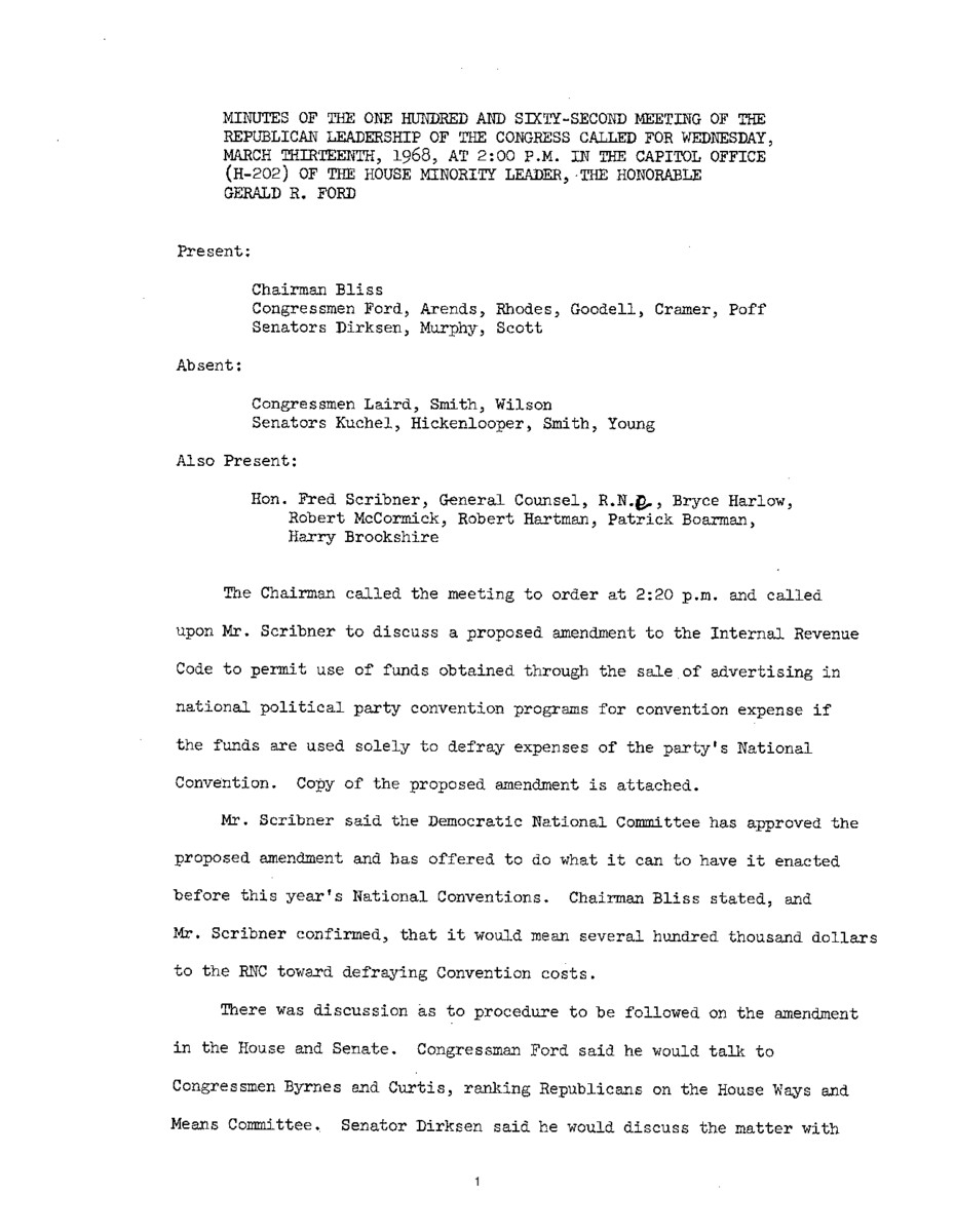 The meeting minutes outline the Republican leadership's discussions about funding national conventions, supporting farmers, and Vietnam.