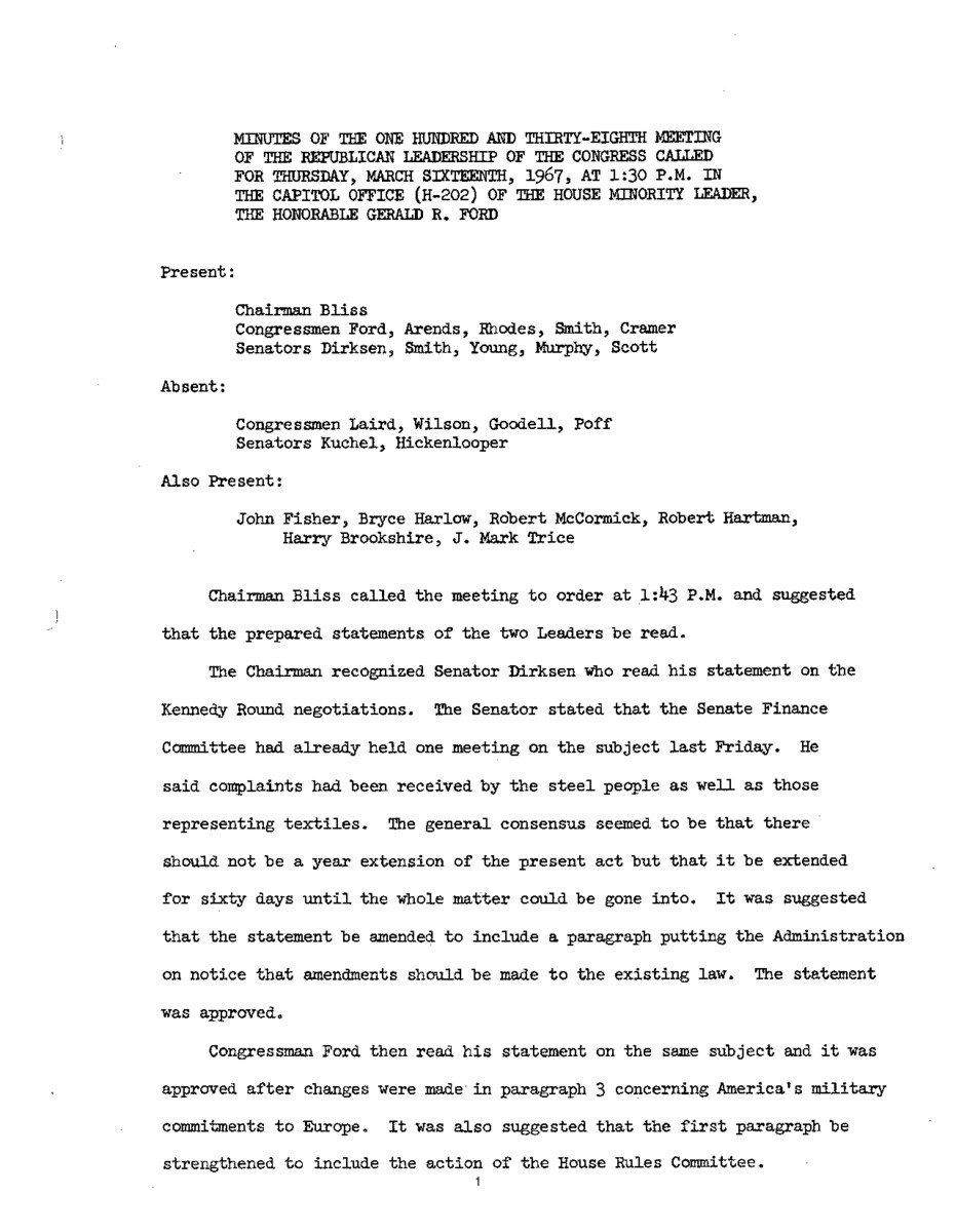 The meeting minutes outline the Republican leadership's discussions about the Kennedy Round trade negotions and campaign finance.