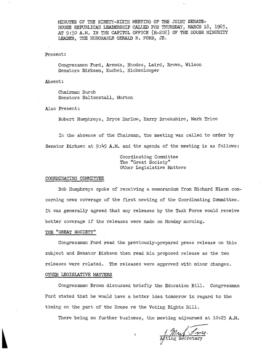 The meeting minutes briefly outline the Republican leadership's discussions about the first Republican Coordinating Committee meeting and response to President Lyndon B. Johnson's the Great Society program.