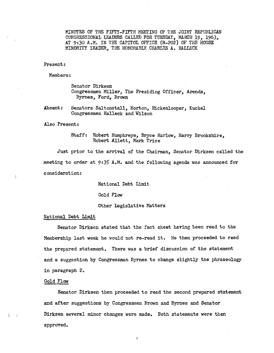 The meeting minutes outline the Republican leadership's discussions about the federal budget.