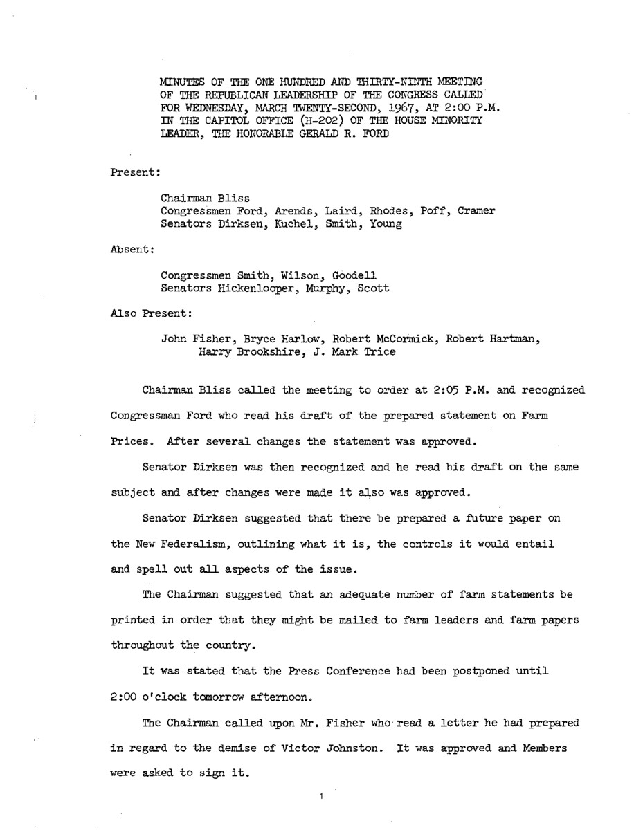 The meeting minutes outline the Republican leadership's discussions about farm prices, campaign finance, and creating a task force on Vietnam.