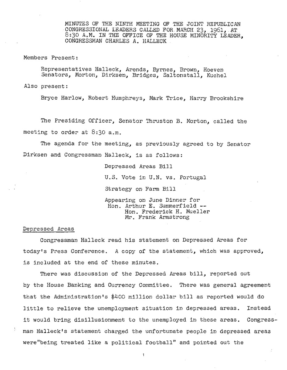 The meeting minutes provide insight into Republican leadership discussions surrounding foreign policy, specifically related to Portugal, Congo, Angola, and Laos.