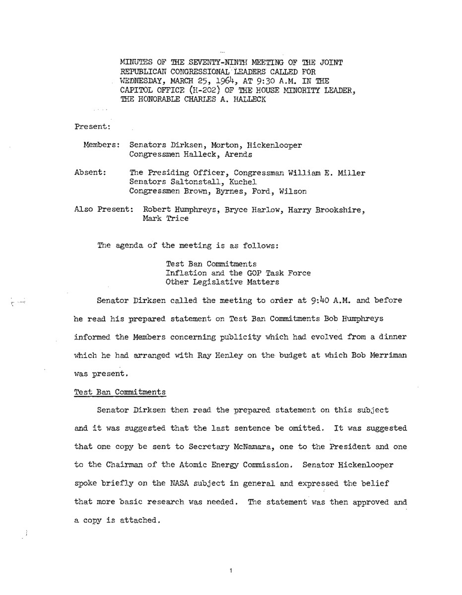 The meeting minutes outline the Republican leadership discussions about nuclear testing bans.