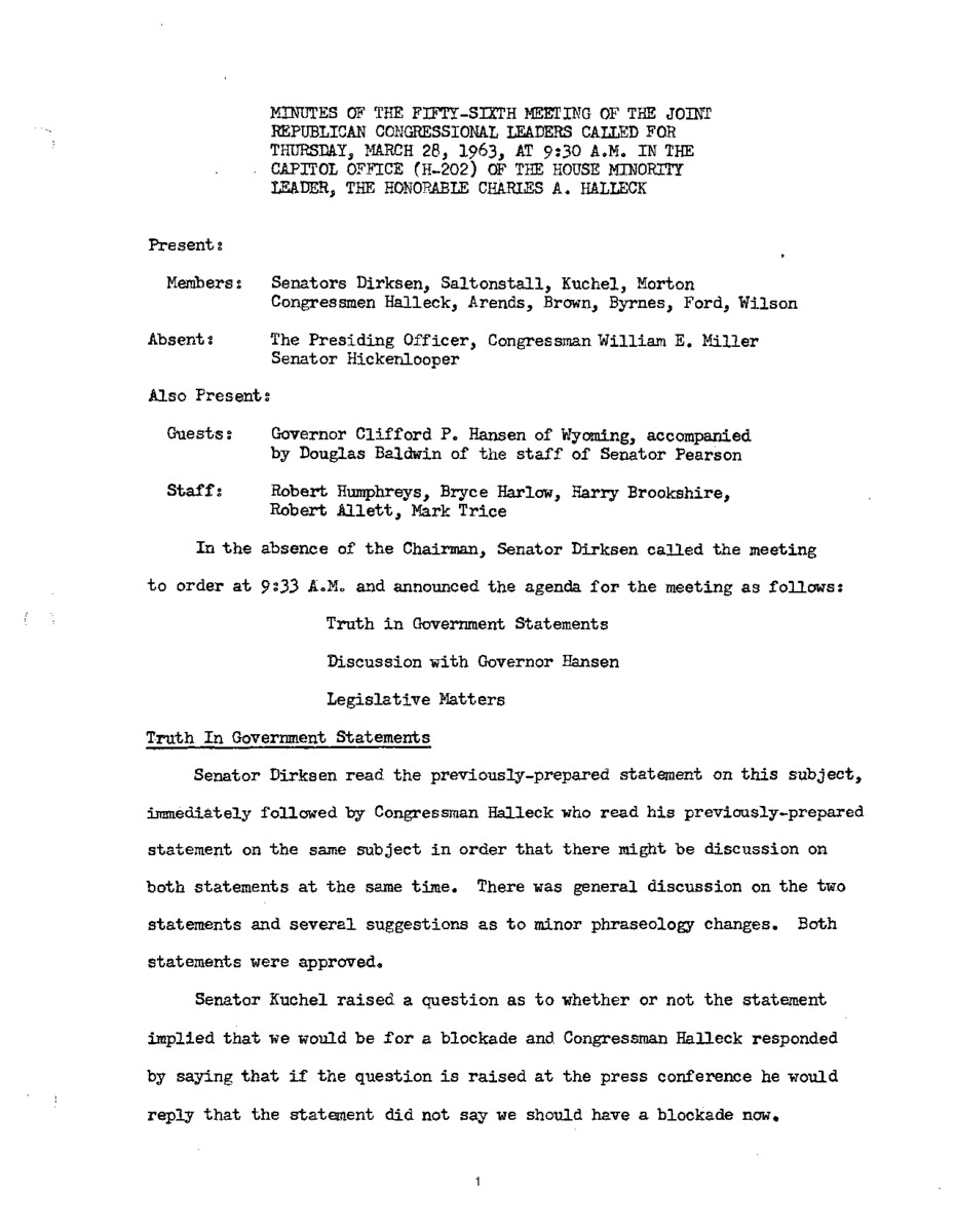 The meeting minutes detail the Republican leadership's discussions about upcoming appropriations bills.