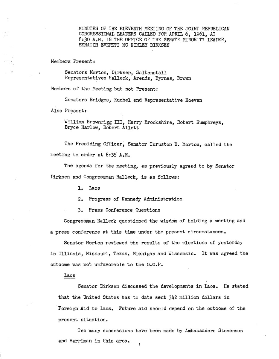 The meeting minutes detail the Republican leadership's discussion of Laos and the Kennedy administration.
