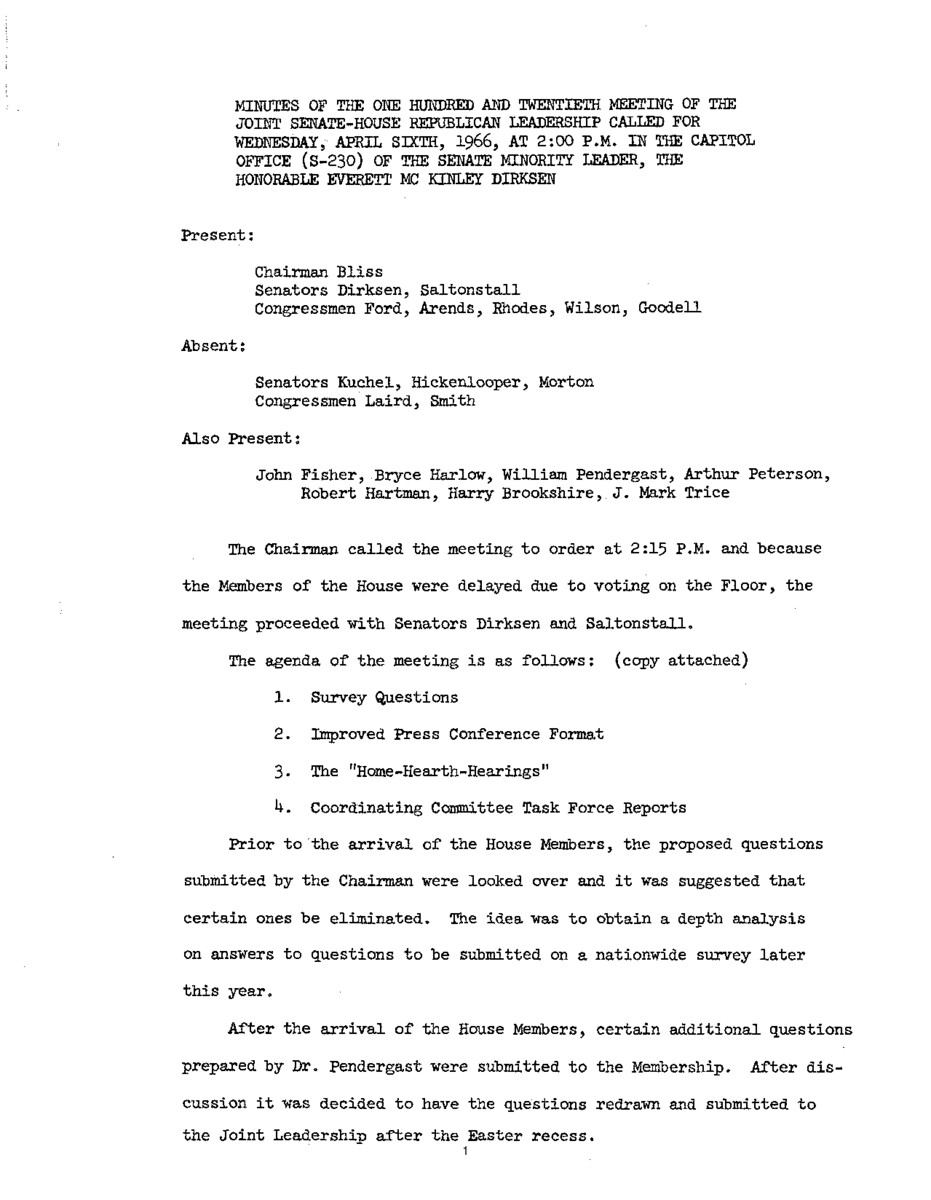 The meeting minutes outline the Republican leadership's discussions about press conference formats and Republican Party operations.
