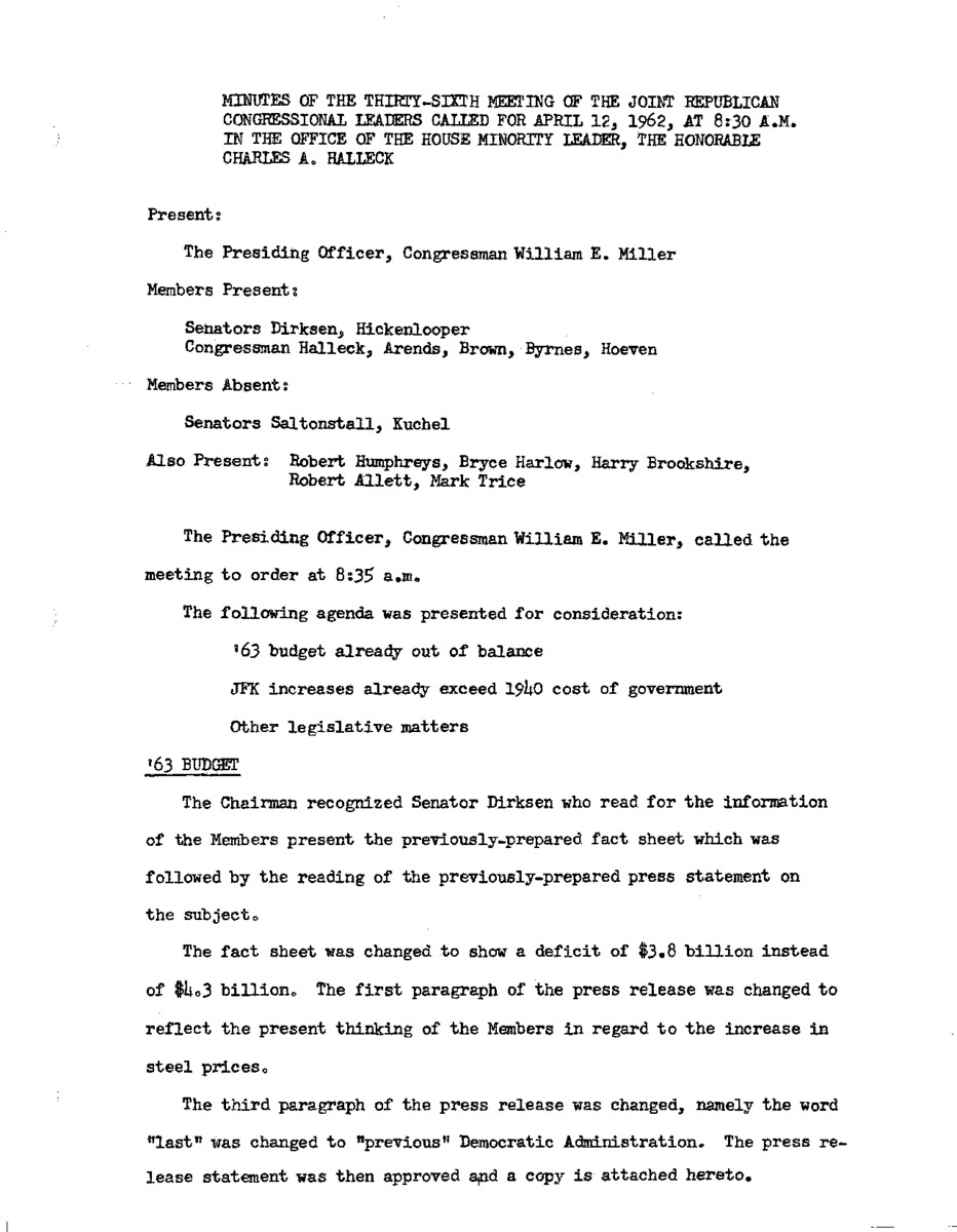 The meeting minutes reflect Republican leadership discussions about the projected federal budget deficit and the increased price of steel.