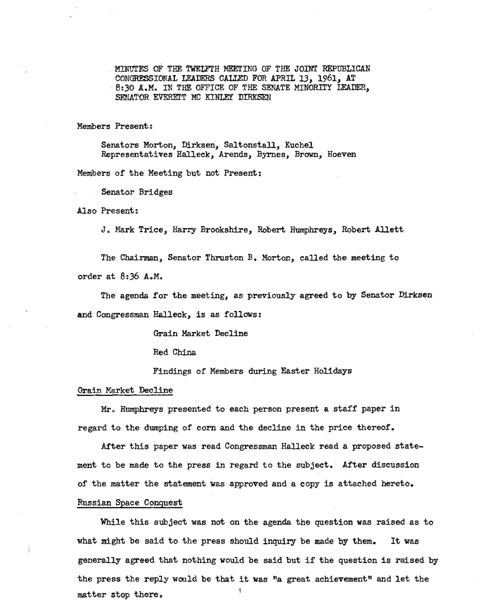 The meeting minutes outline the Republican leadership's discussions surrounding China and the price of grain.