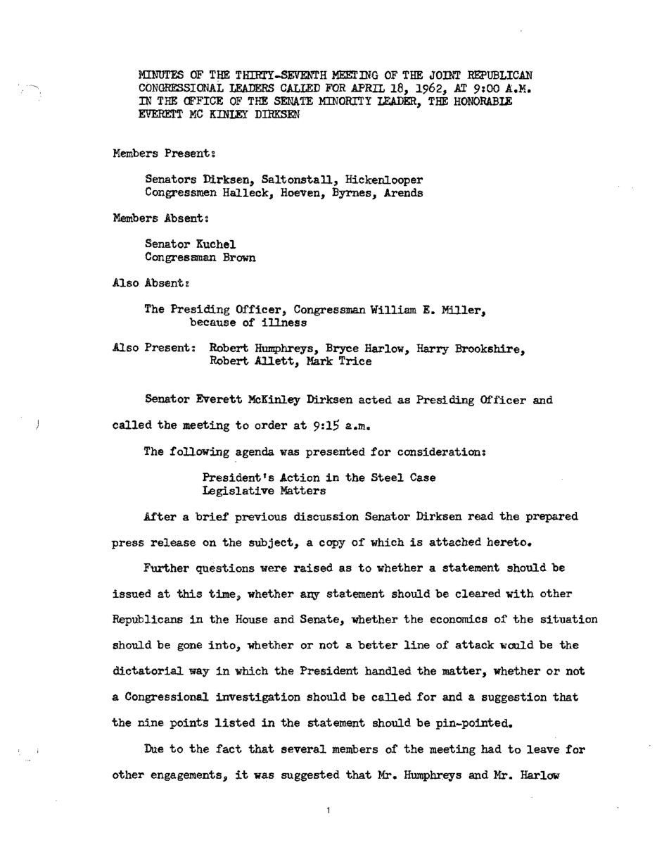 The meeting minutes focused on the Republican leadership's response to President John F. Kennedy's handling of steel costs.