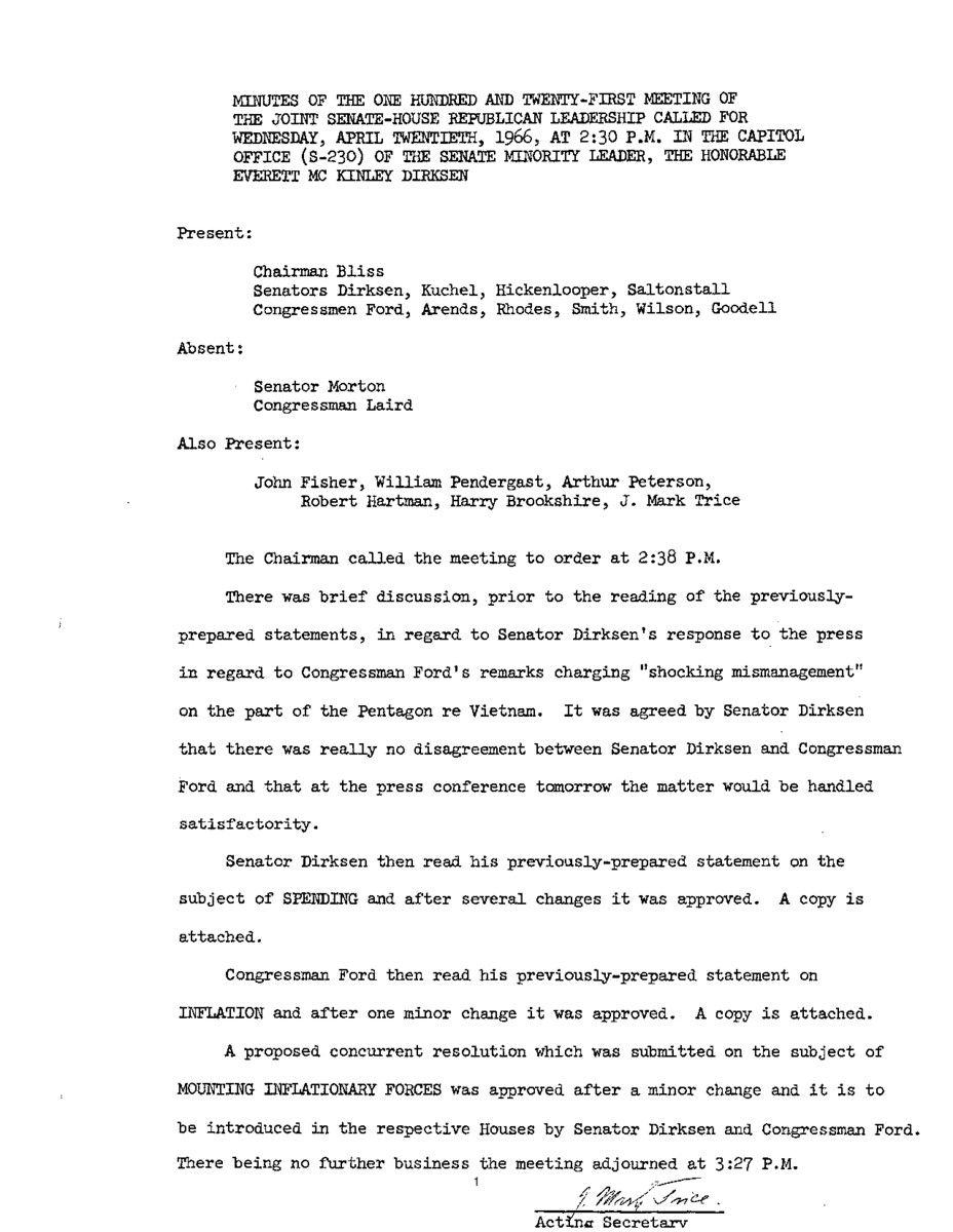 The meeting minutes outline the Republican leadership's discussions about Vietnam, government spending, and inflation.