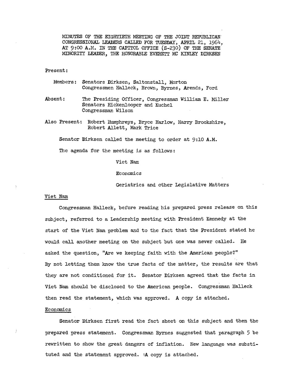 The meeting minutes outline the Republican leadership's discussions about inflation, Vietnam, nuclear testing bans, and Social Security.