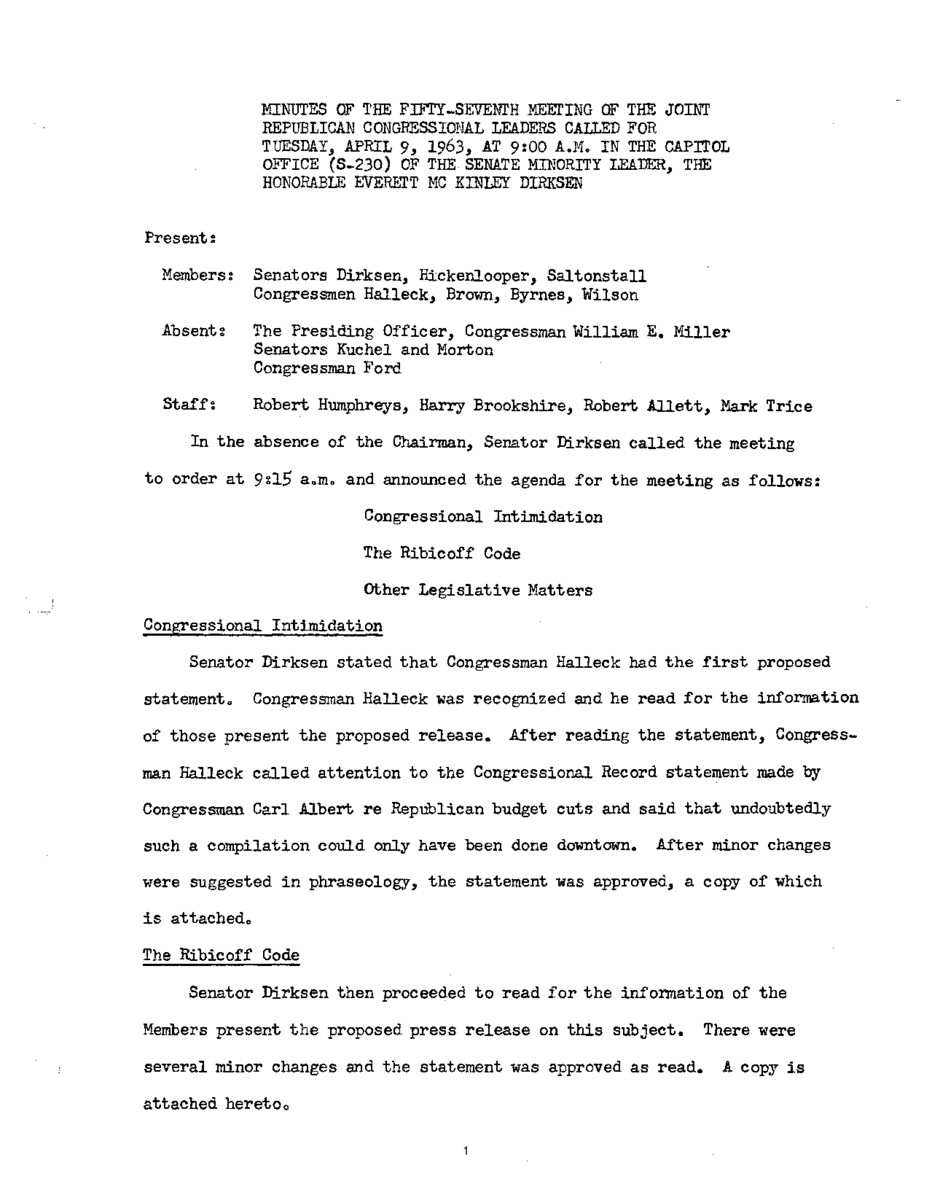 The meeting minutes outline Republican leadership's discussions about an anti-missile program and the proposed Youth Conservation Program.