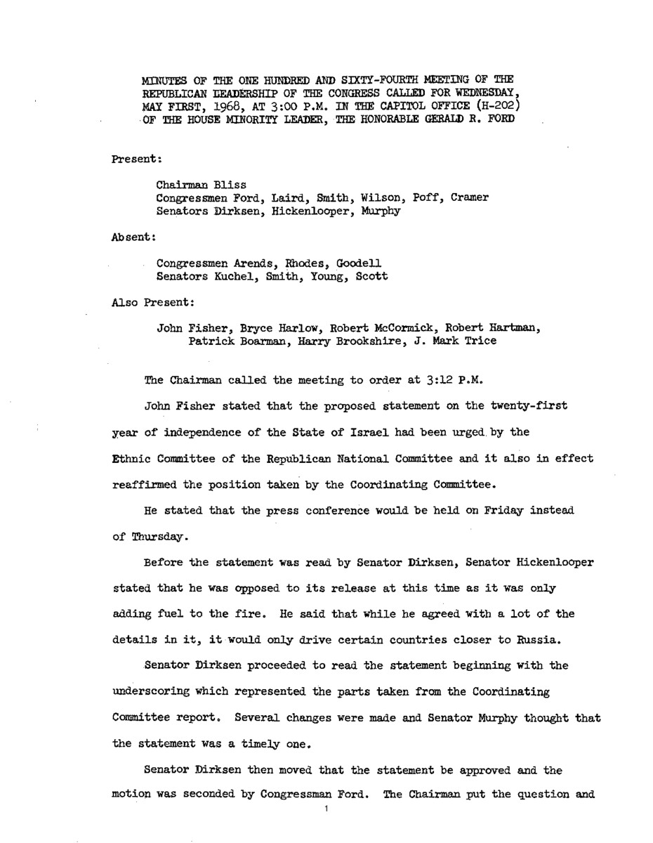The meeting minutes outline the Republican leadership's discussions about Israel, the pending Crime Bill, and the Poor People's March on Washington.