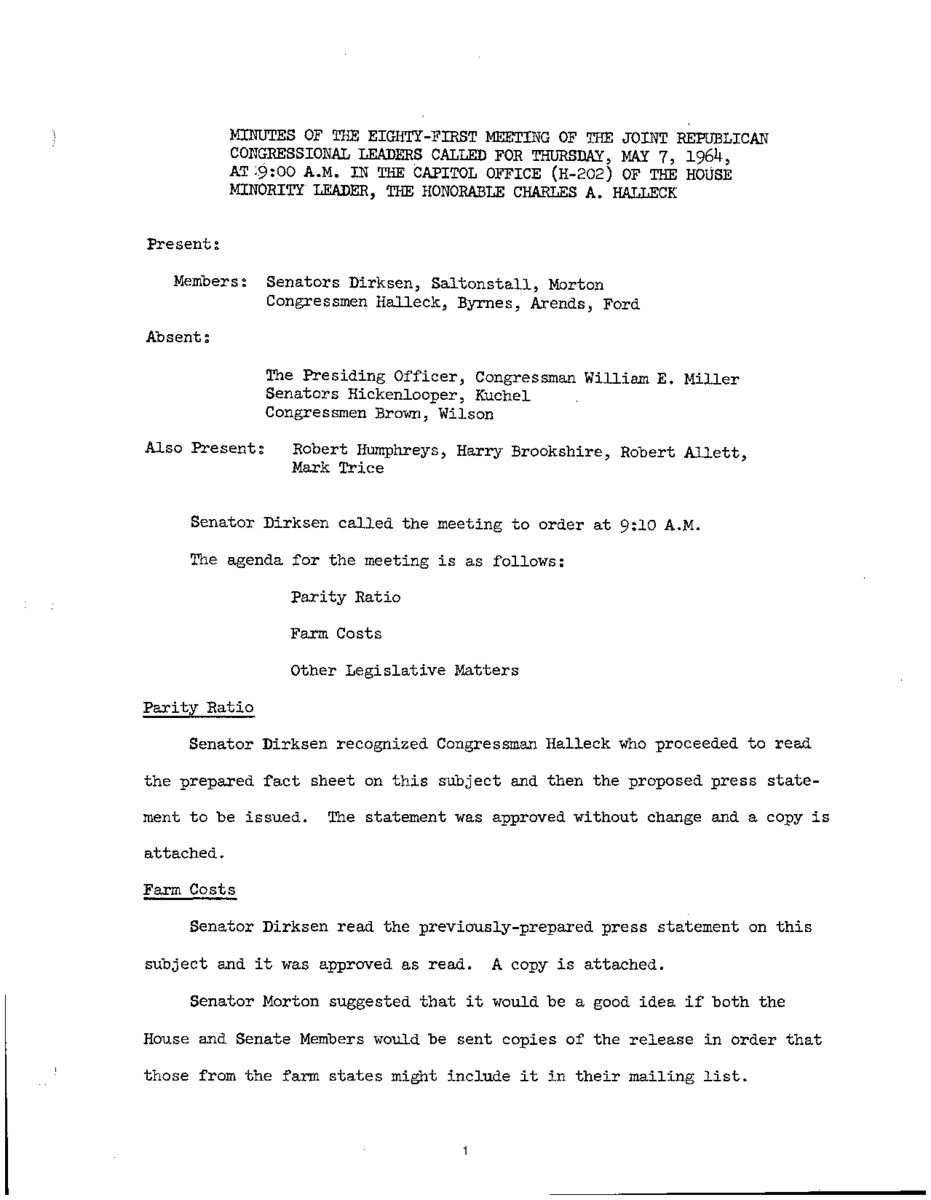 The meeting minutes outline the Republican leadership's discussions about farm costs and pending legislation.