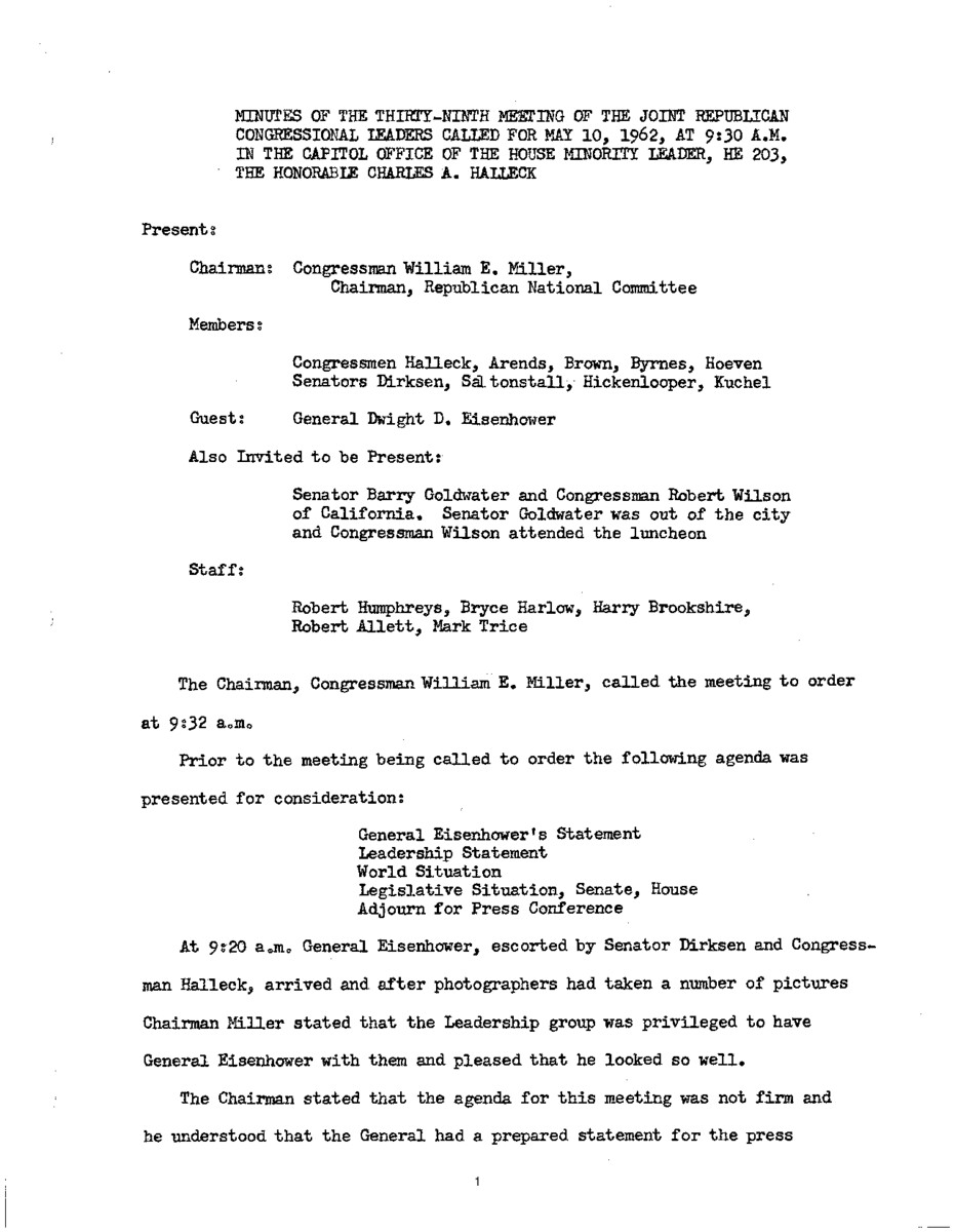 The meeting minutes focus on the Repbulican leadership's discussions in preparation of President Dwight D. Eisenhower's forthcoming statement.