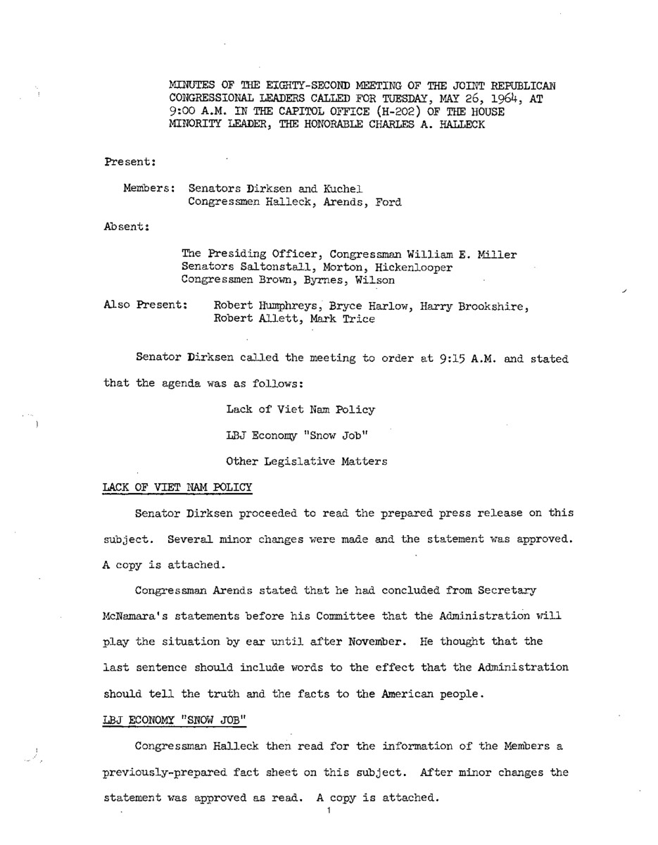 The meeting minutes outline discussions by the Republican leadership about Vietnam and the economy under President Lyndon B. Johnson.