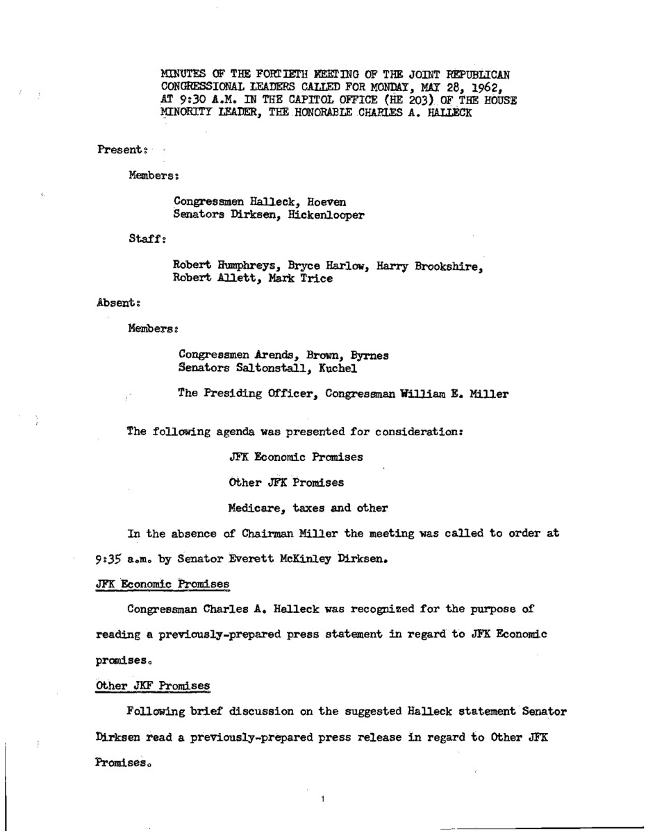 The meeting minutes detail conversations by the Republican leadership about the presidency of John F. Kennedy.