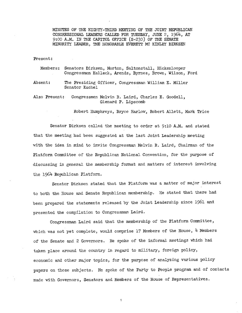 The meeting minutes outline the Republican leadership's discussion about the party's platform and upcoming convention as well as pending civil rights legislation.