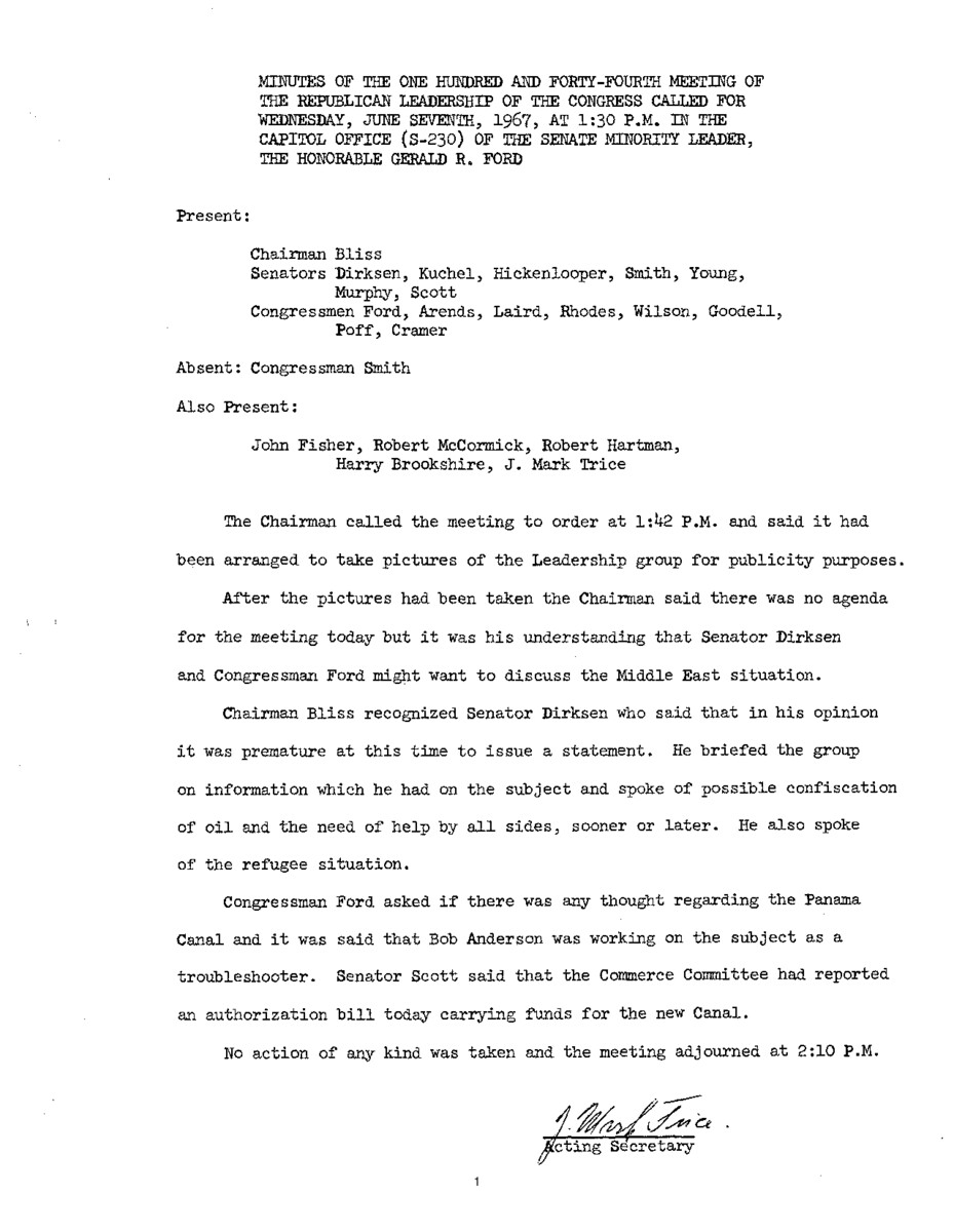 The meeting minutes outline the Republican leadership's discussions about the Middle East and the Panama Canal.