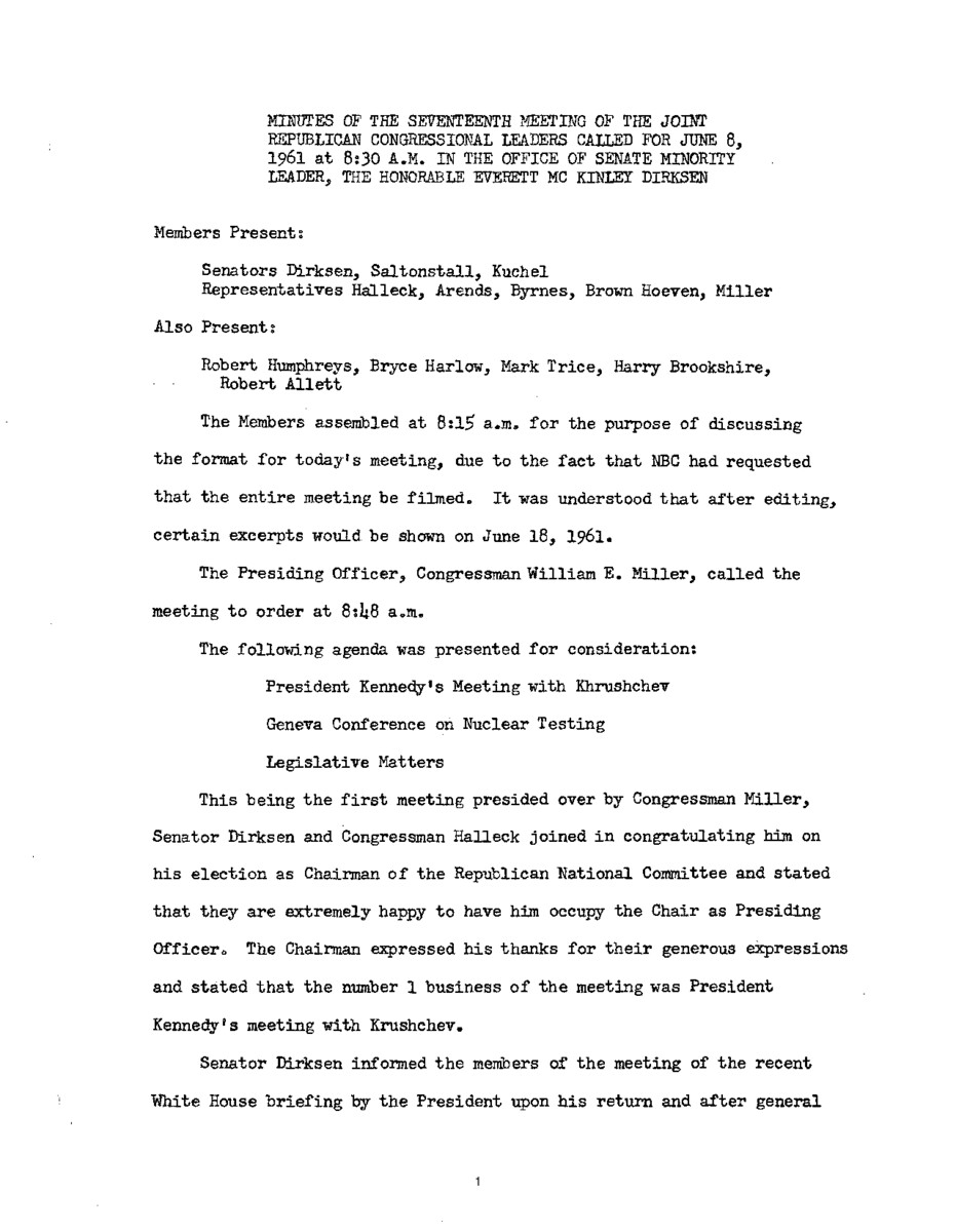 The meeting minutes detail the Republican leadership's discussion of the meeting between President John F. Kennedy and Soviet Union leader Nikita Krushchev, the Geneva Conference on Nuclear Testing, and pending legislation.