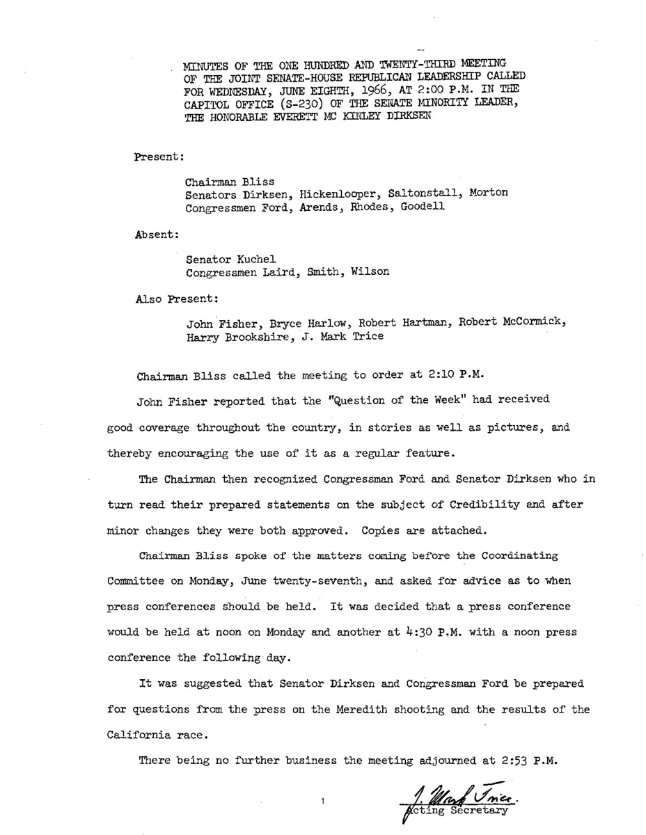 The meeting minutes outline the Republican leadership's prepartions for upcoming press conferences and brief discussion about the shooting of James Meredith.