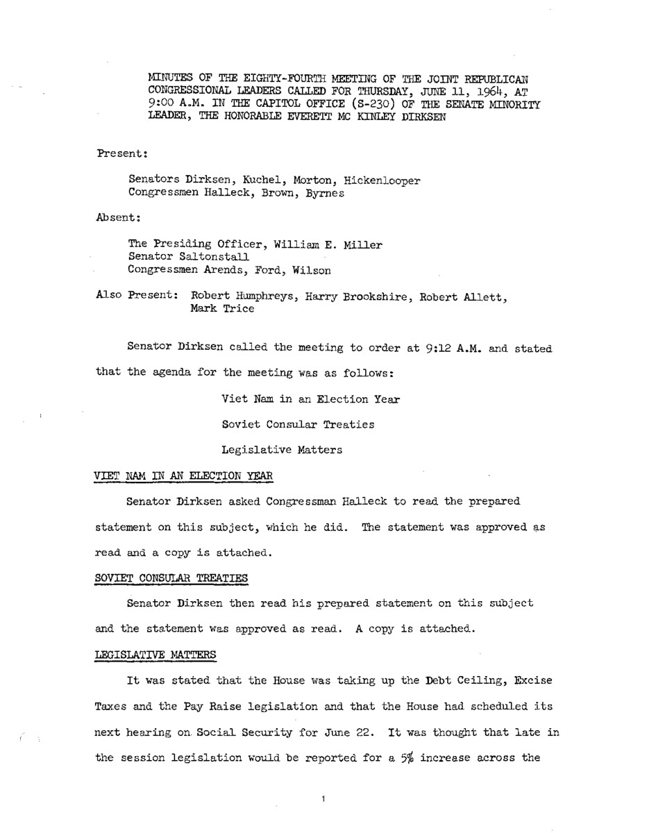 The meeting minutes outline the Republican leadership's discussions about Vietnam, the Soviet Union, and pending legislation.