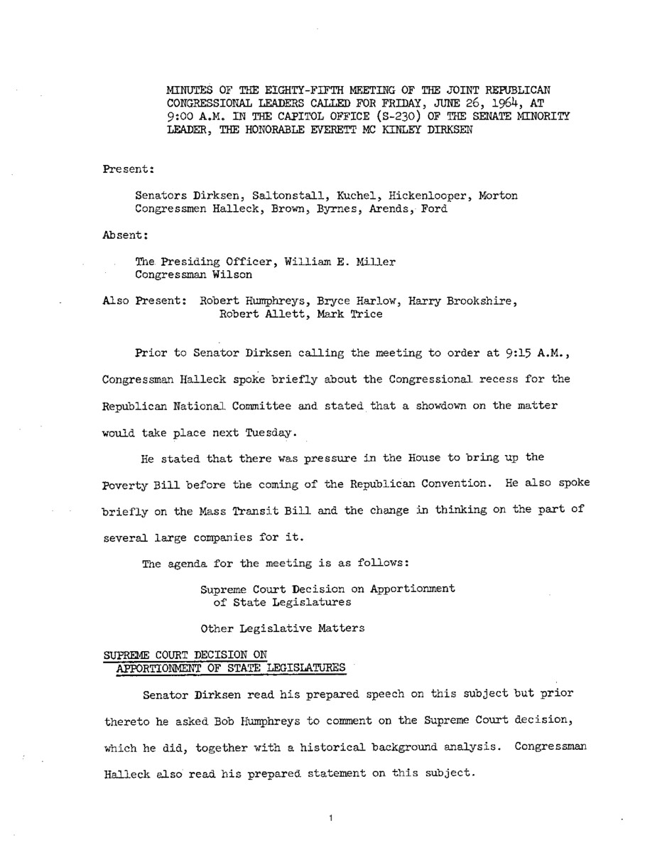 The meeting minutes outline the Republican leadership's discussions about the Supreme Court decision regarding the apportionment of state legislatures.