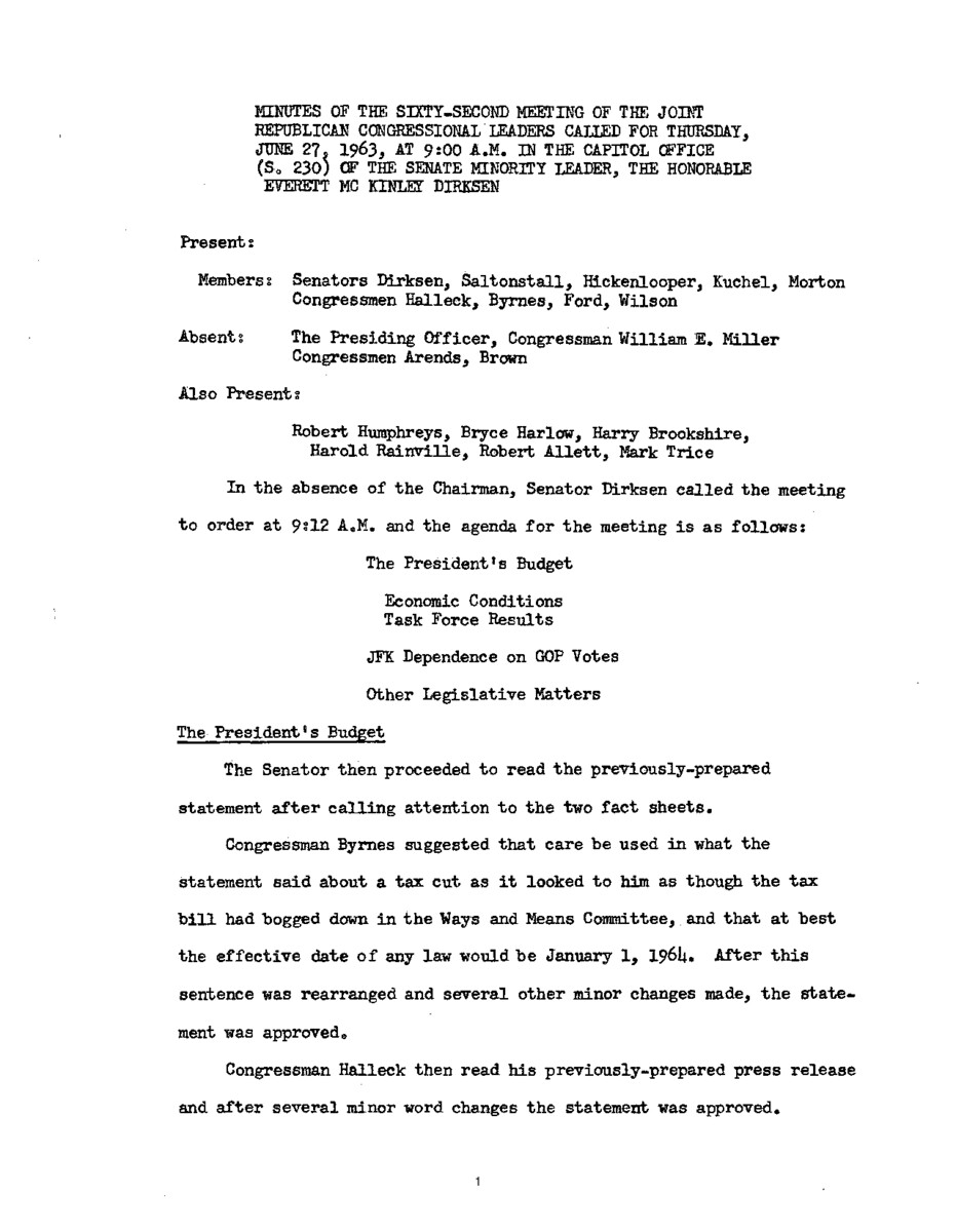 The meeting minutes outline the Republican leadership's discussions about the proposed federal budget.
