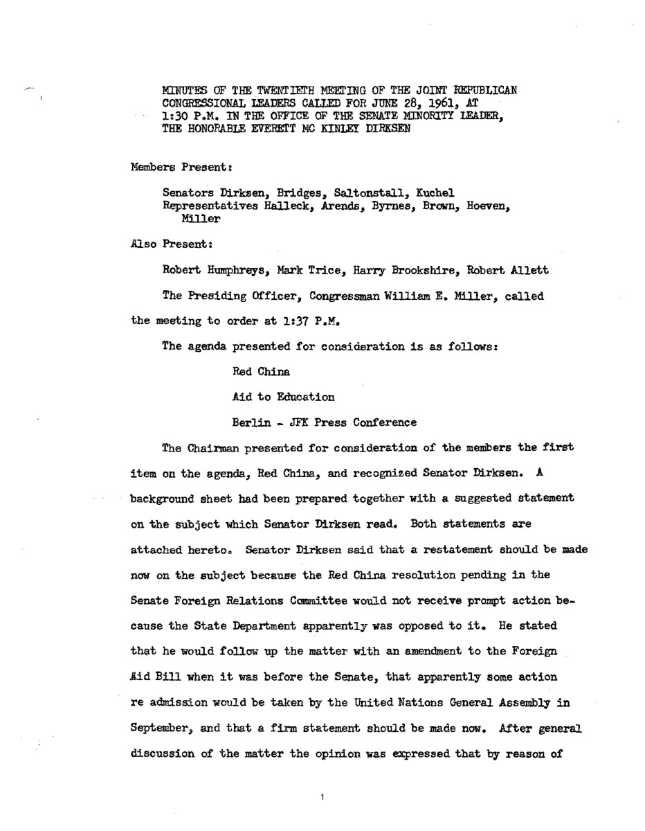 The meeting minutes reflect Republican leadership discussions regarding China and the United Nations, the Federal Aid to Education bill, and President John F. Kennedy's press conference concerning Berlin.