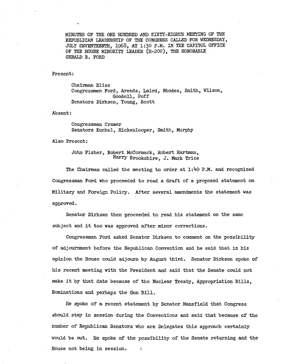 The meeting minutes outline the Republican leadership's discussions about Congress's schedule, the Farm Bill, and a statement on the military and foreign policy.