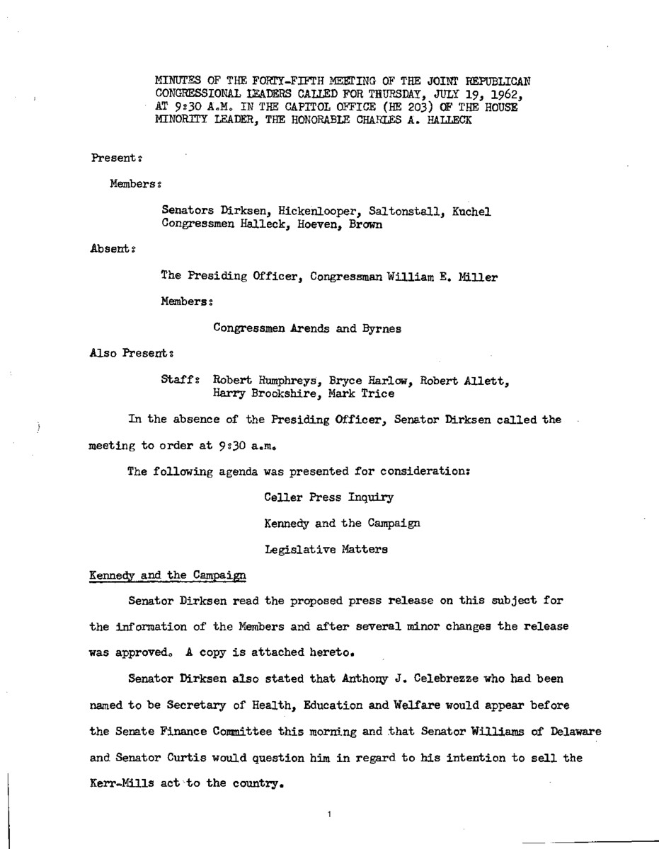 The meeting minutes focused on the Republican leadership's discussion about the Kerr-Mills Act.
