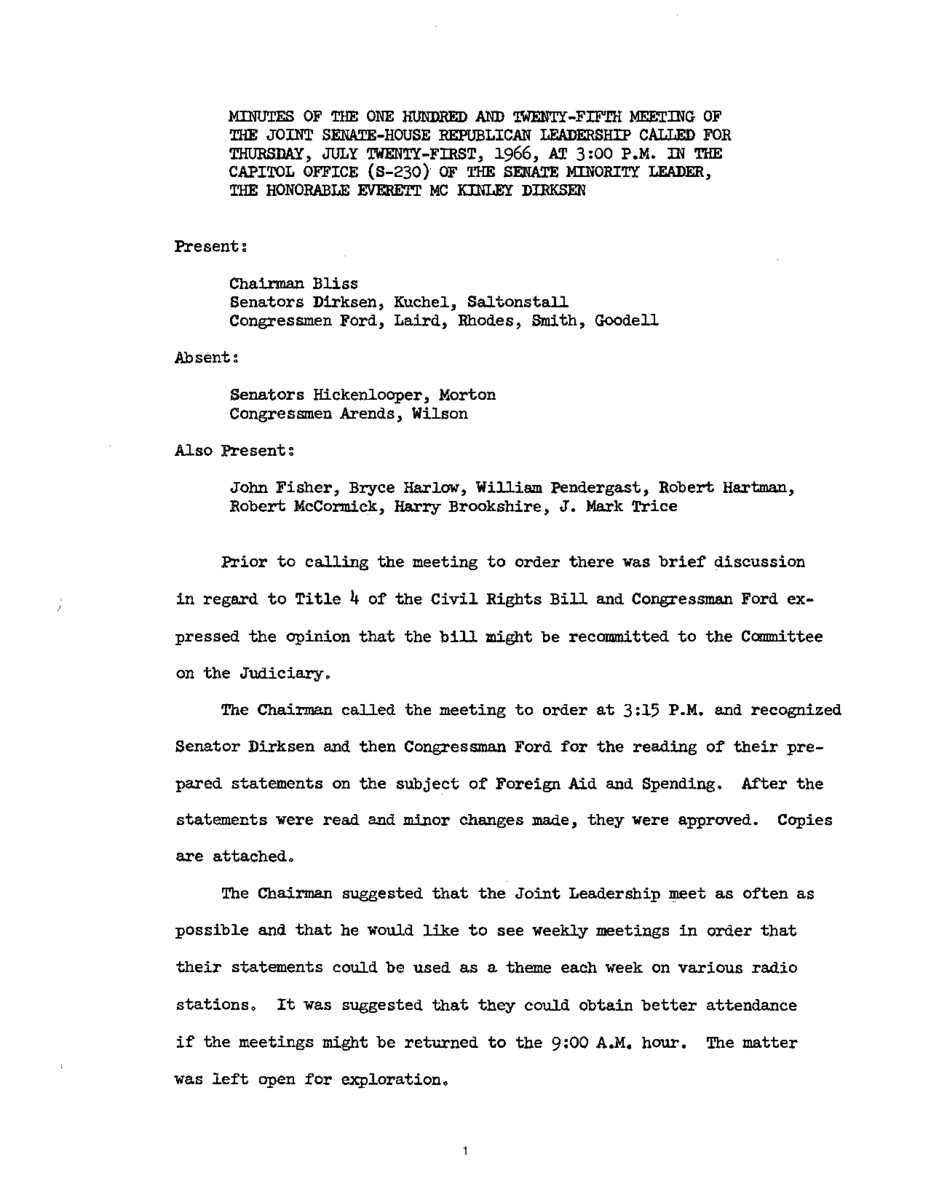 The meeting minutes outline the Republican leadership's discussions about pending Civil Rights legislation, foreign aid, and government spending.