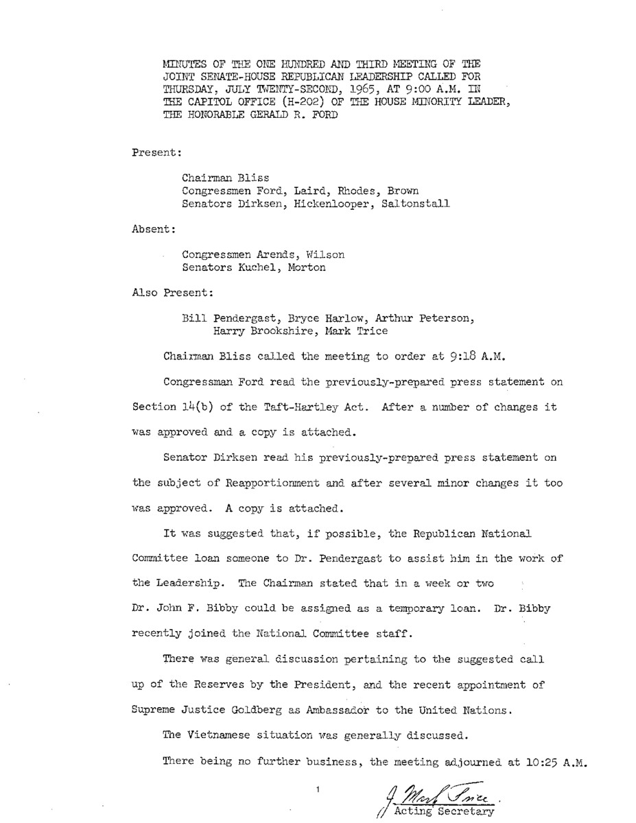 The meeting minutes outline the Republican leadership's discussions about pending legislation and Vietnam.